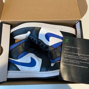 Size 8 Jordon 1 mid white, black, racer blue sneakers